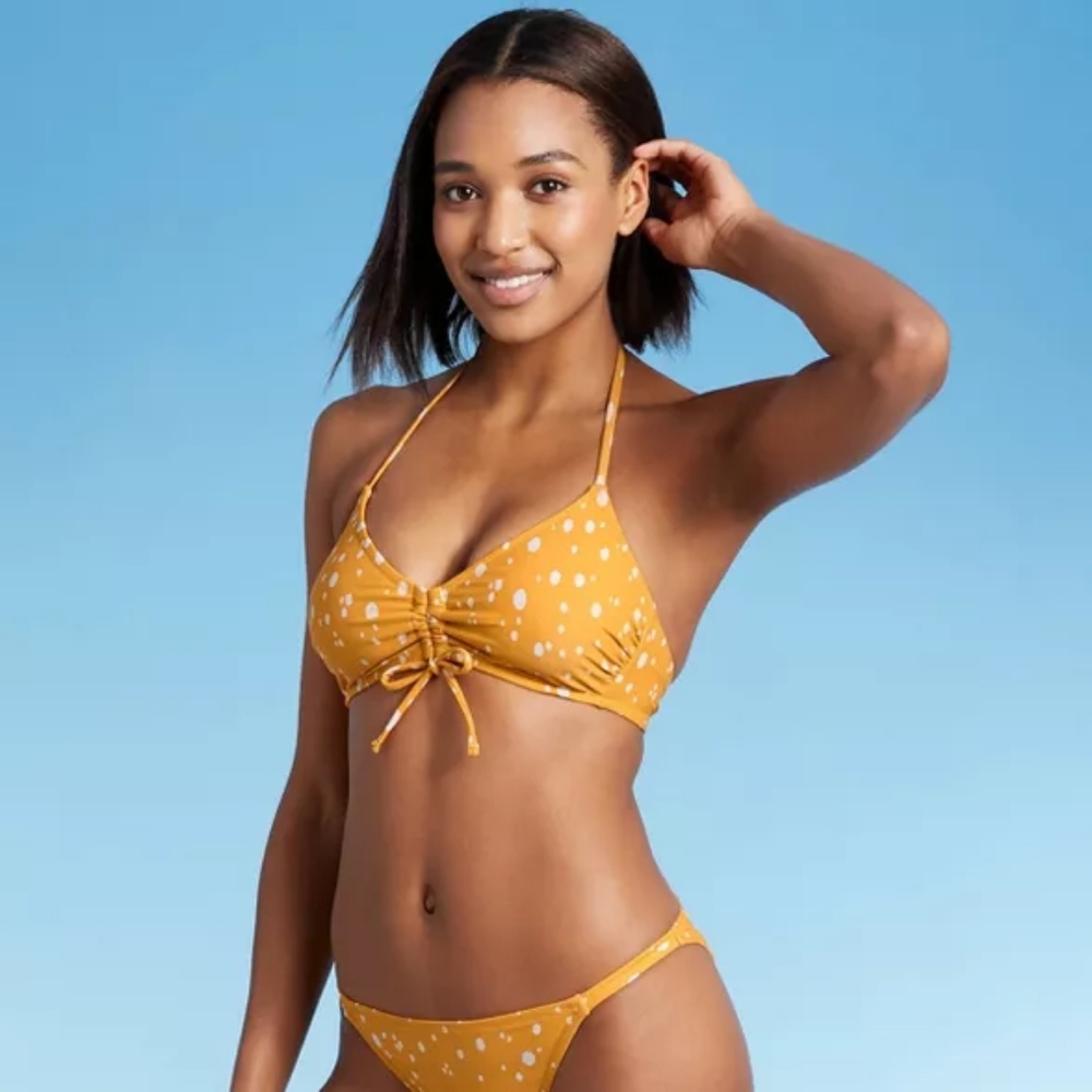 Kona Sol Women's Shoulder Tie Bikini Top - Yellow Dot Print Large